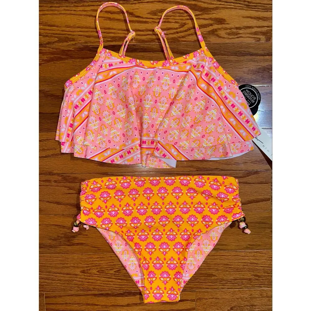 NWT Nicole Miller Girls Pink Orange Paisley 2-Piece Bikini Swim Set Size XL 14